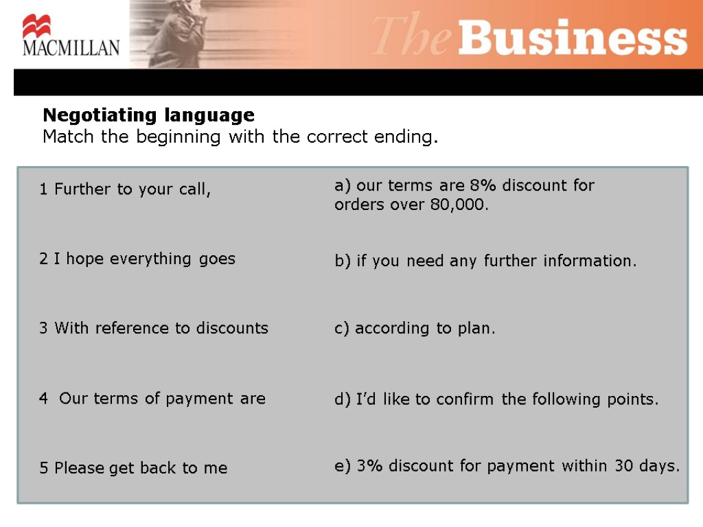 Negotiating language Match the beginning with the correct ending. a) our terms are 8%